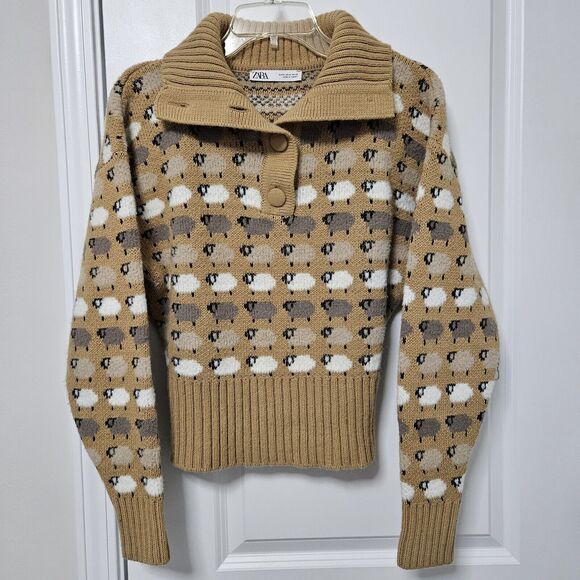 Zara Sweaters - Zara Jacquard Sweater Women's Medium Tan White Gray Lamb Print Collar Neck EUC